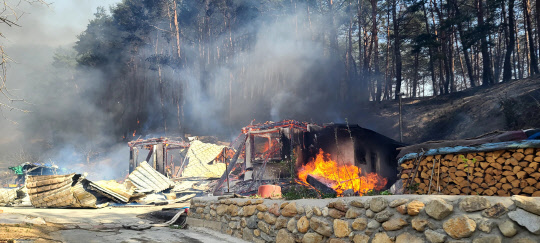11일 오전 강원 강릉시 난곡동의 한 야산에서 불이 난 가운데 주택이 불길에 휩싸여 있다. 현재 강릉에는 강풍경보와 건조경보가 동시에 내려져 있다.  연합뉴스